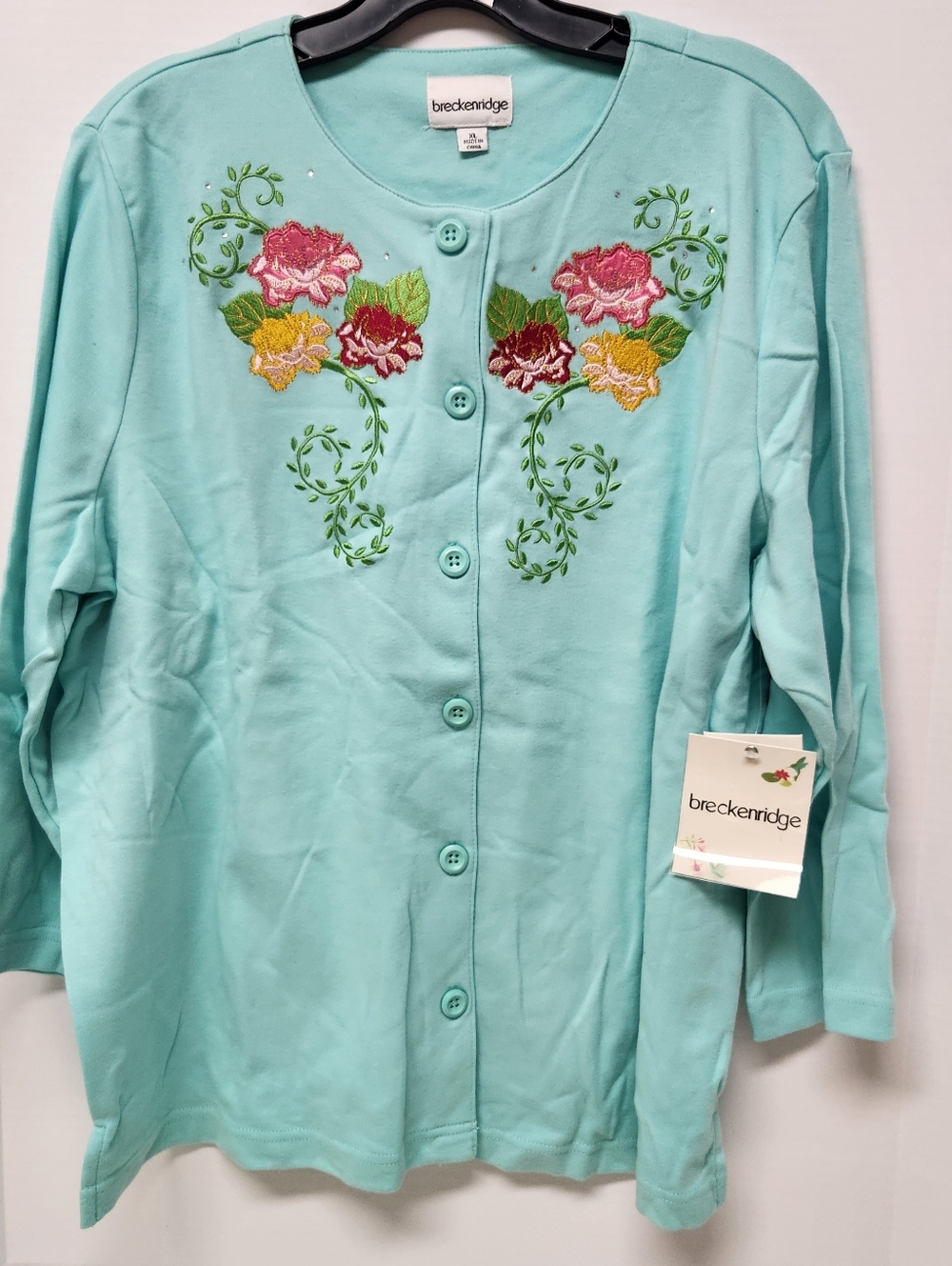 Breckenridge Blue L/S Button Down Top Floral Embroidery XL New